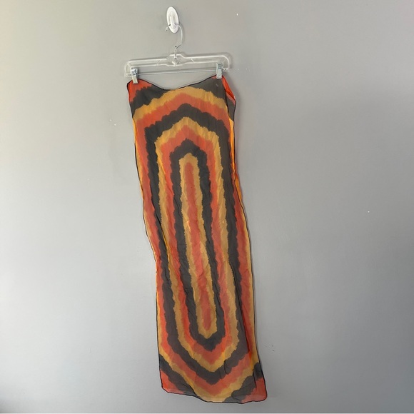 Vintage Nasharr Frieres Rectangle Scarf Sheer Black Orange Yellow Silk Vinyl - Picture 2 of 6